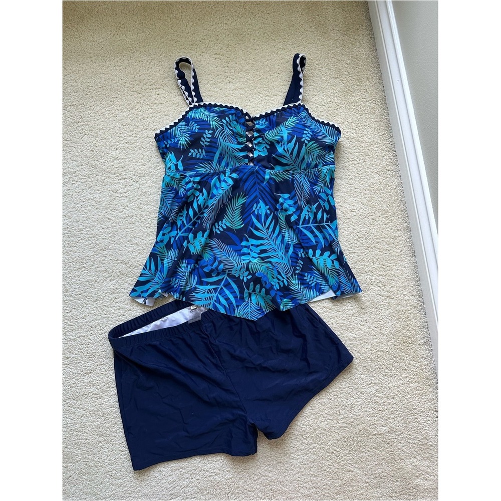 Tropical Beach Summer Tankini Set XL Blue Floral Swim Shorts Lace Up Scallop - Picture 4 of 4